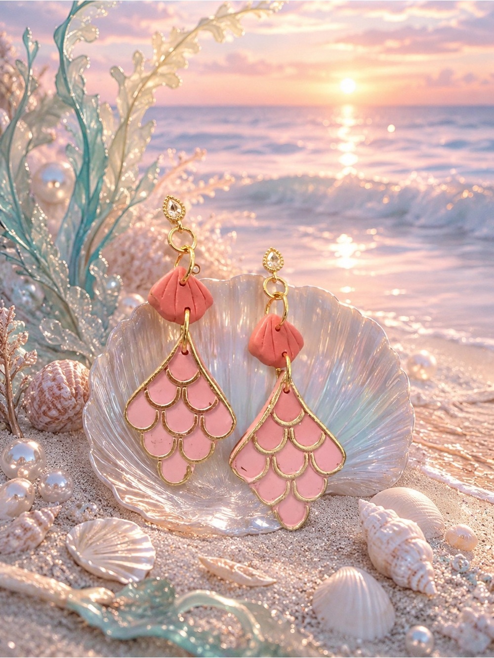 Pink Mermaid Scale Drop Handmade Polymer Clay Earrings - Women Jewelry